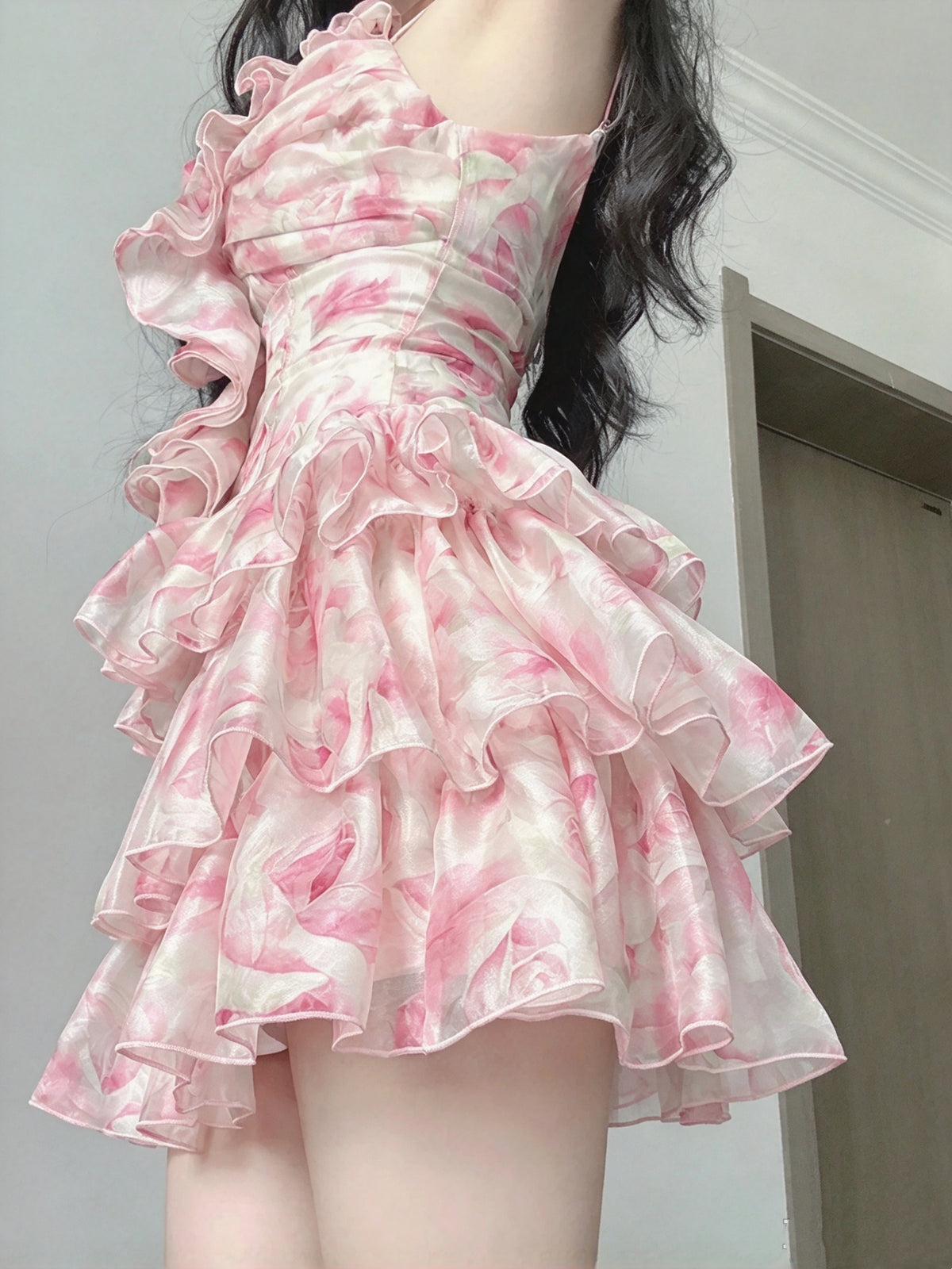 Romantic Pink Floral Print Ruffled Spaghetti Strap A Line Short Homecoming Dress AS2972