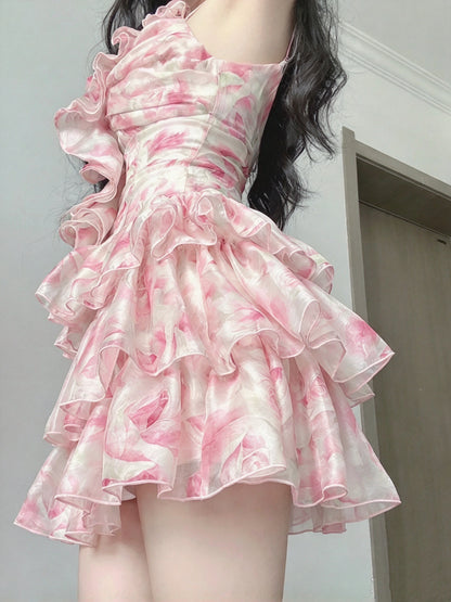 Romantic Pink Floral Print Ruffled Spaghetti Strap A Line Short Homecoming Dress AS2972
