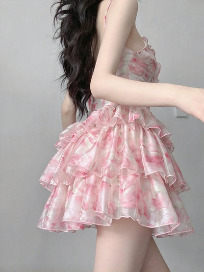 Romantic Pink Floral Print Ruffled Spaghetti Strap A Line Short Homecoming Dress AS2972
