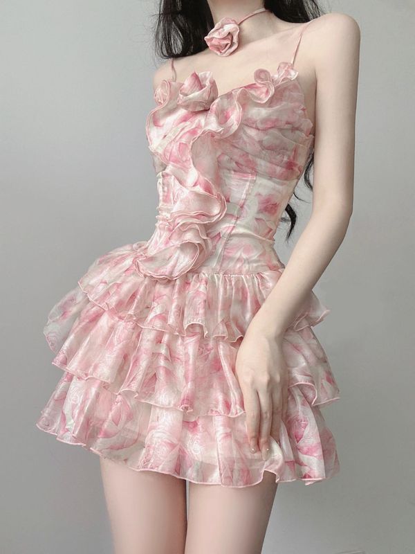 Romantic Pink Floral Print Ruffled Spaghetti Strap A Line Short Homecoming Dress AS2972
