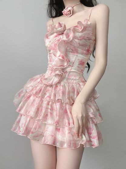 Romantic Pink Floral Print Ruffled Spaghetti Strap A Line Short Homecoming Dress AS2972