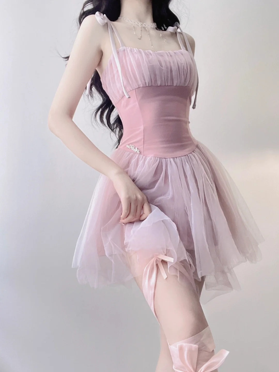 Dreamy Pink Bow Strap Ruched Corset Tulle A Line Short Homecoming Dress AS2975