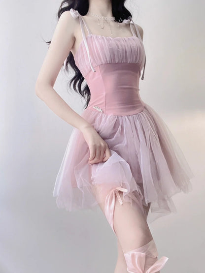 Dreamy Pink Bow Strap Ruched Corset Tulle A Line Short Homecoming Dress AS2975
