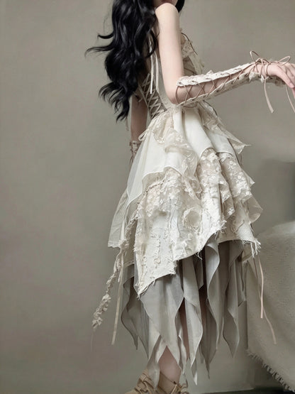 Vintage Ivory Lace Corset Irregular Ruffled Tiered A Line Midi Homecoming Dress AS2976