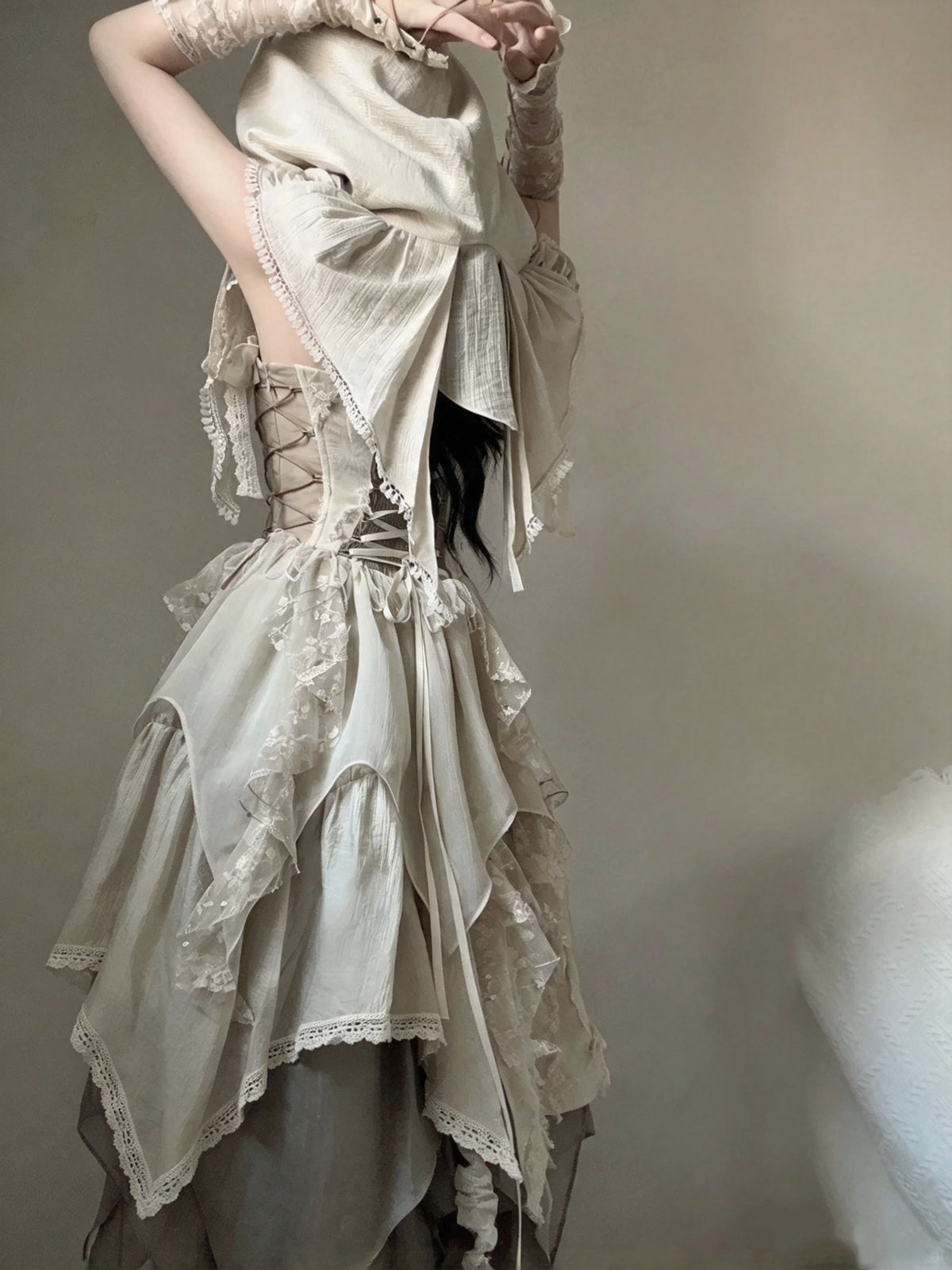 Vintage Ivory Lace Corset Irregular Ruffled Tiered A Line Midi Homecoming Dress AS2976