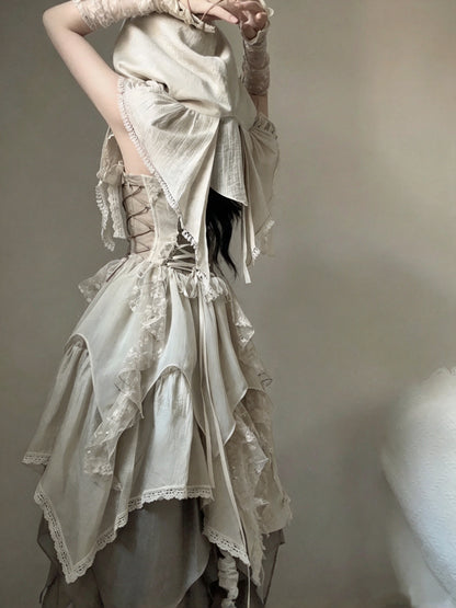 Vintage Ivory Lace Corset Irregular Ruffled Tiered A Line Midi Homecoming Dress AS2976