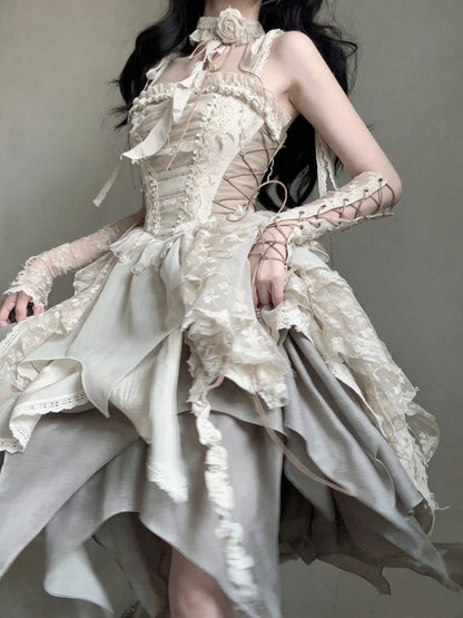 Vintage Ivory Lace Corset Irregular Ruffled Tiered A Line Midi Homecoming Dress AS2976
