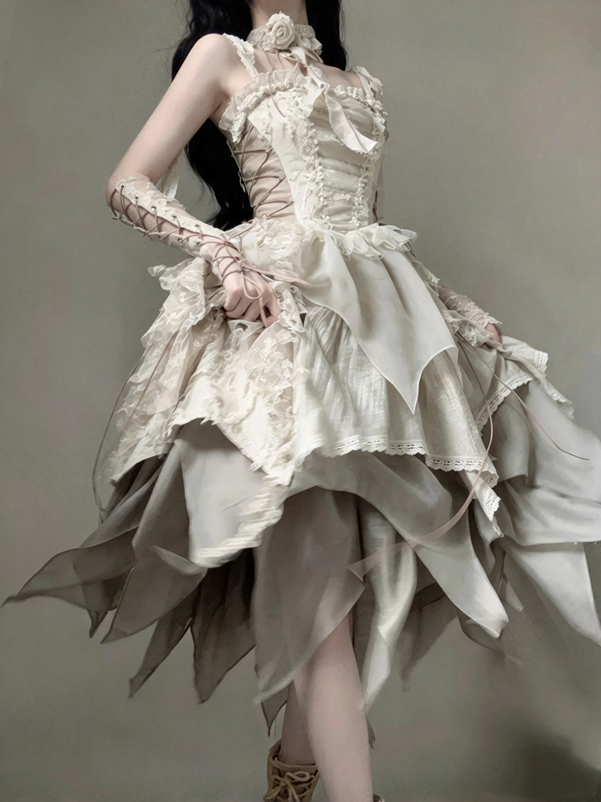 Vintage Ivory Lace Corset Irregular Ruffled Tiered A Line Midi Homecoming Dress AS2976