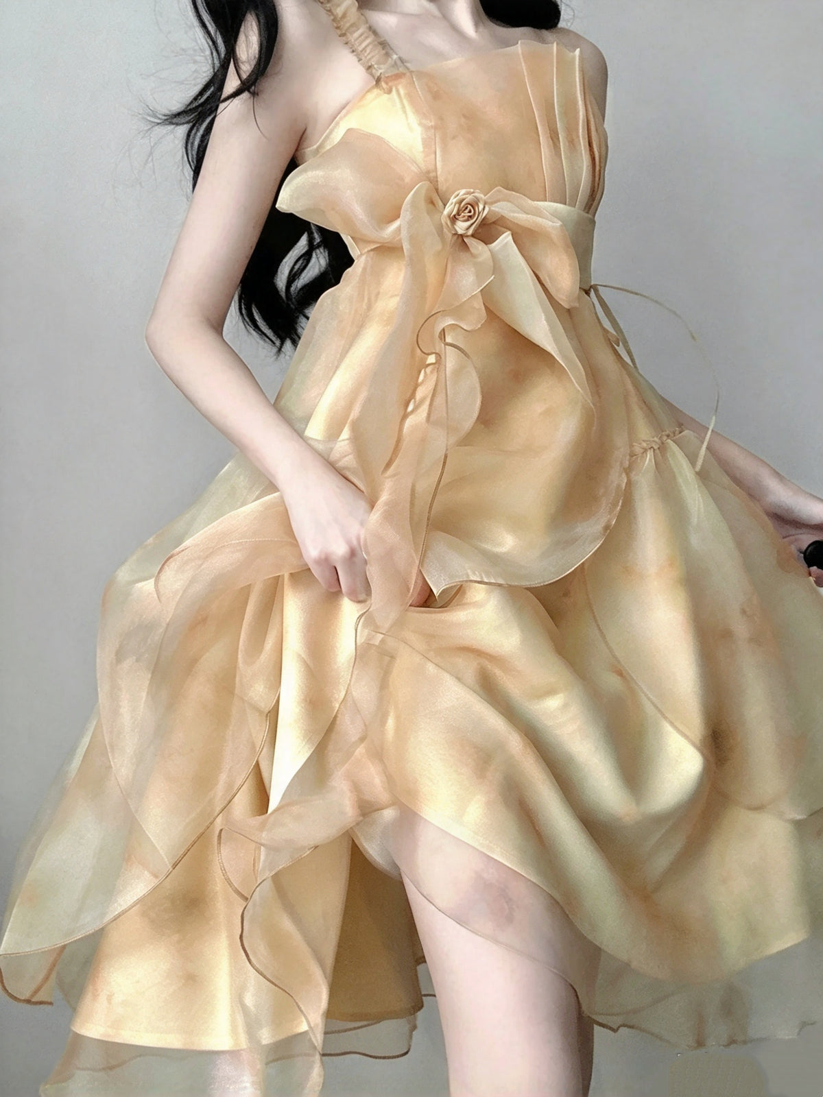 Gorgeous Apricot Straps Watercolor Big Bow Ruffled Flowy A Line Short Homecoming Dress AS2977