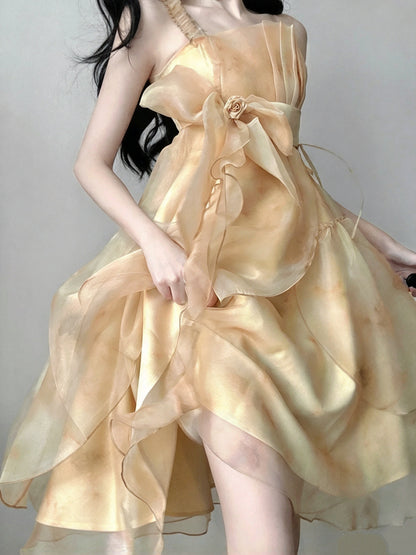 Gorgeous Apricot Straps Watercolor Big Bow Ruffled Flowy A Line Short Homecoming Dress AS2977