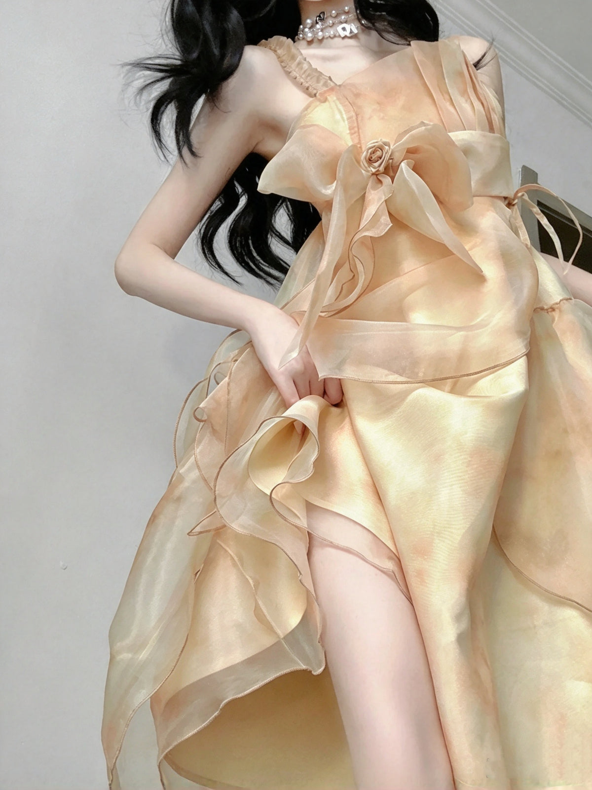 Gorgeous Apricot Straps Watercolor Big Bow Ruffled Flowy A Line Short Homecoming Dress AS2977