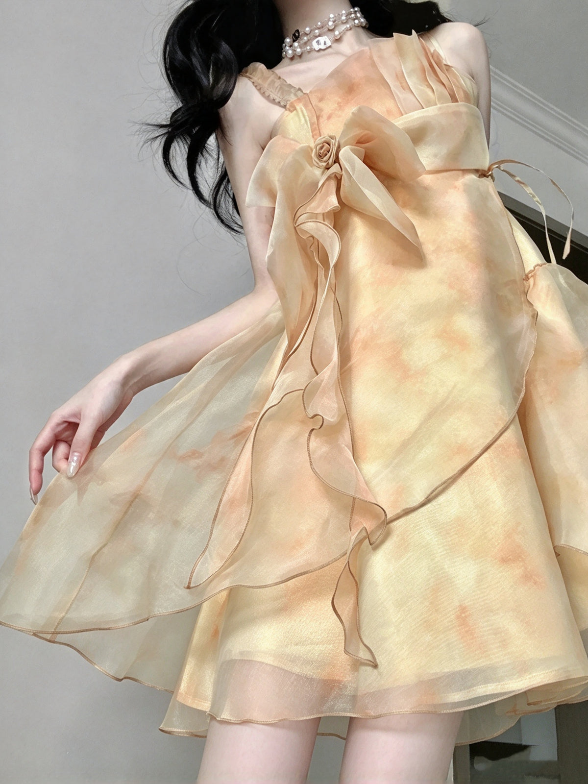 Gorgeous Apricot Straps Watercolor Big Bow Ruffled Flowy A Line Short Homecoming Dress AS2977