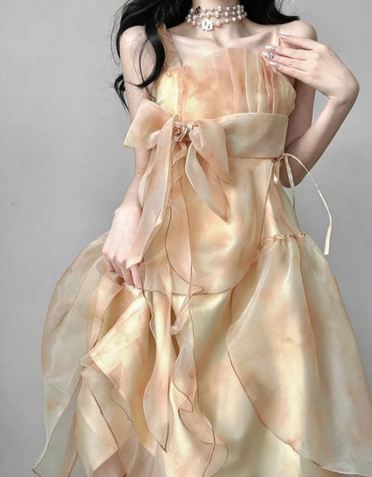 Gorgeous Apricot Straps Watercolor Big Bow Ruffled Flowy A Line Short Homecoming Dress AS2977