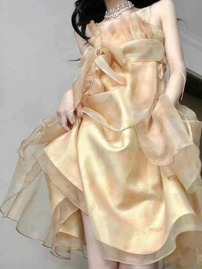 Gorgeous Apricot Straps Watercolor Big Bow Ruffled Flowy A Line Short Homecoming Dress AS2977