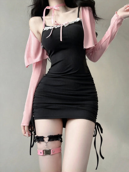 Sweet Black Ruffle Bow Spaghetti Strap Ruched Bodycon Short Homecoming Dress AS2978