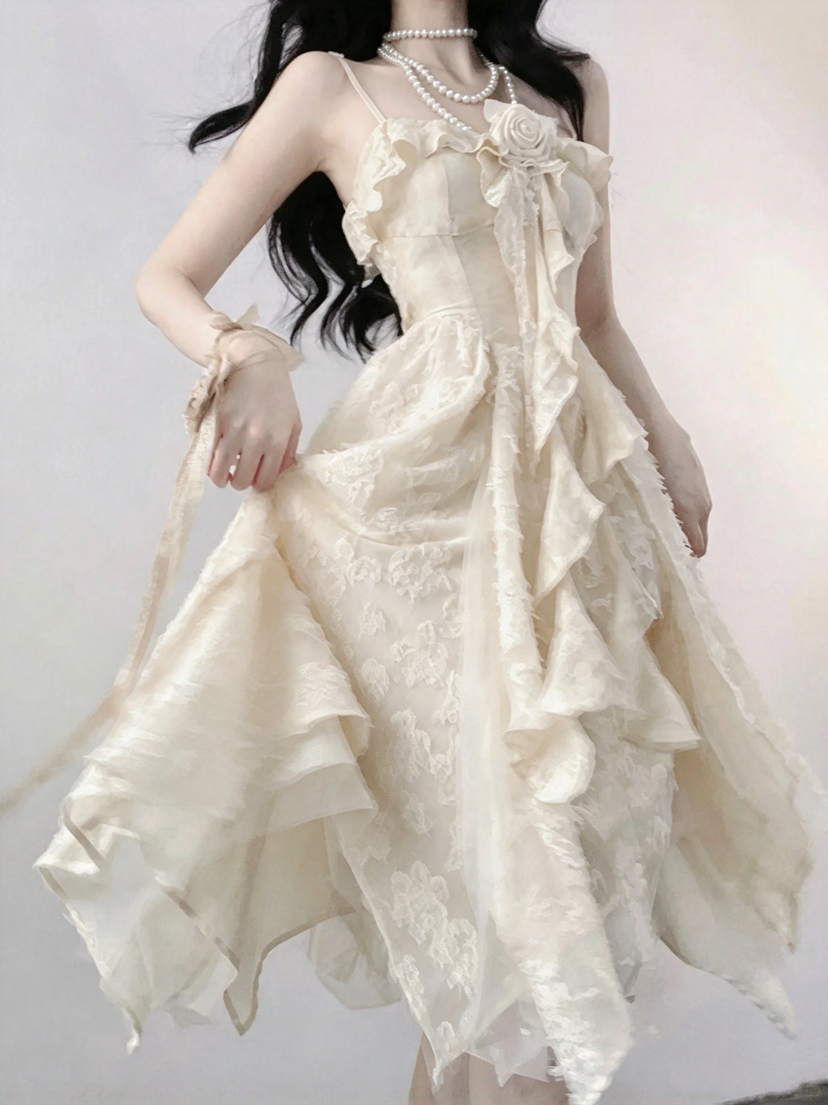 Elegant Ivory Floral Lace Rose Ruffle Spaghetti Strap Corset A Line Midi Homcoming Dress AS2979
