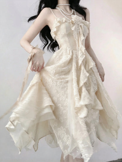Elegant Ivory Floral Lace Rose Ruffle Spaghetti Strap Corset A Line Midi Homcoming Dress AS2979