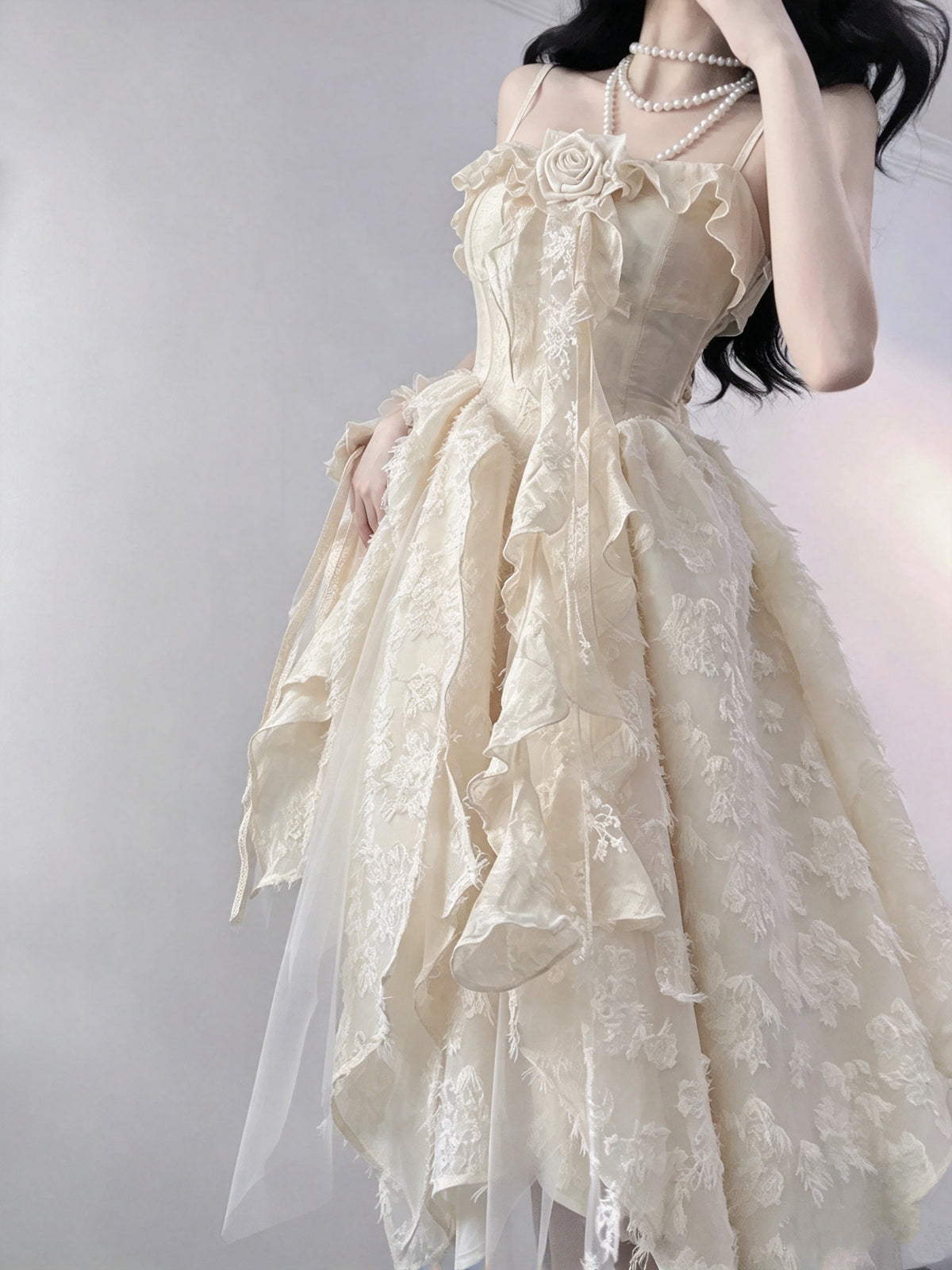 Elegant Ivory Floral Lace Rose Ruffle Spaghetti Strap Corset A Line Midi Homcoming Dress AS2979