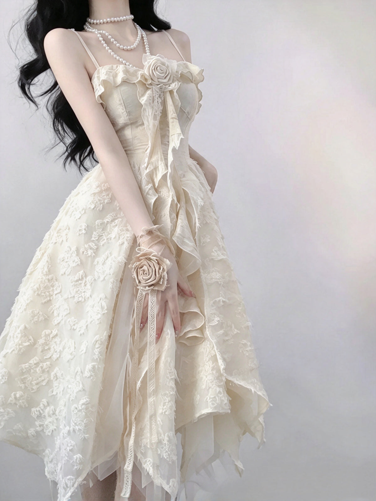 Elegant Ivory Floral Lace Rose Ruffle Spaghetti Strap Corset A Line Midi Homcoming Dress AS2979