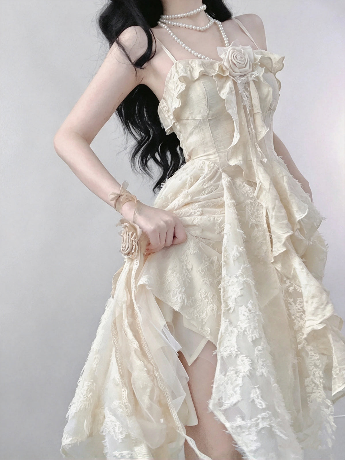 Elegant Ivory Floral Lace Rose Ruffle Spaghetti Strap Corset A Line Midi Homcoming Dress AS2979