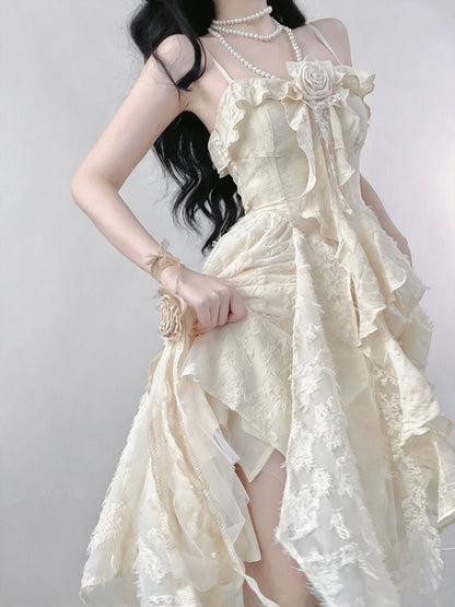 Elegant Ivory Floral Lace Rose Ruffle Spaghetti Strap Corset A Line Midi Homcoming Dress AS2979