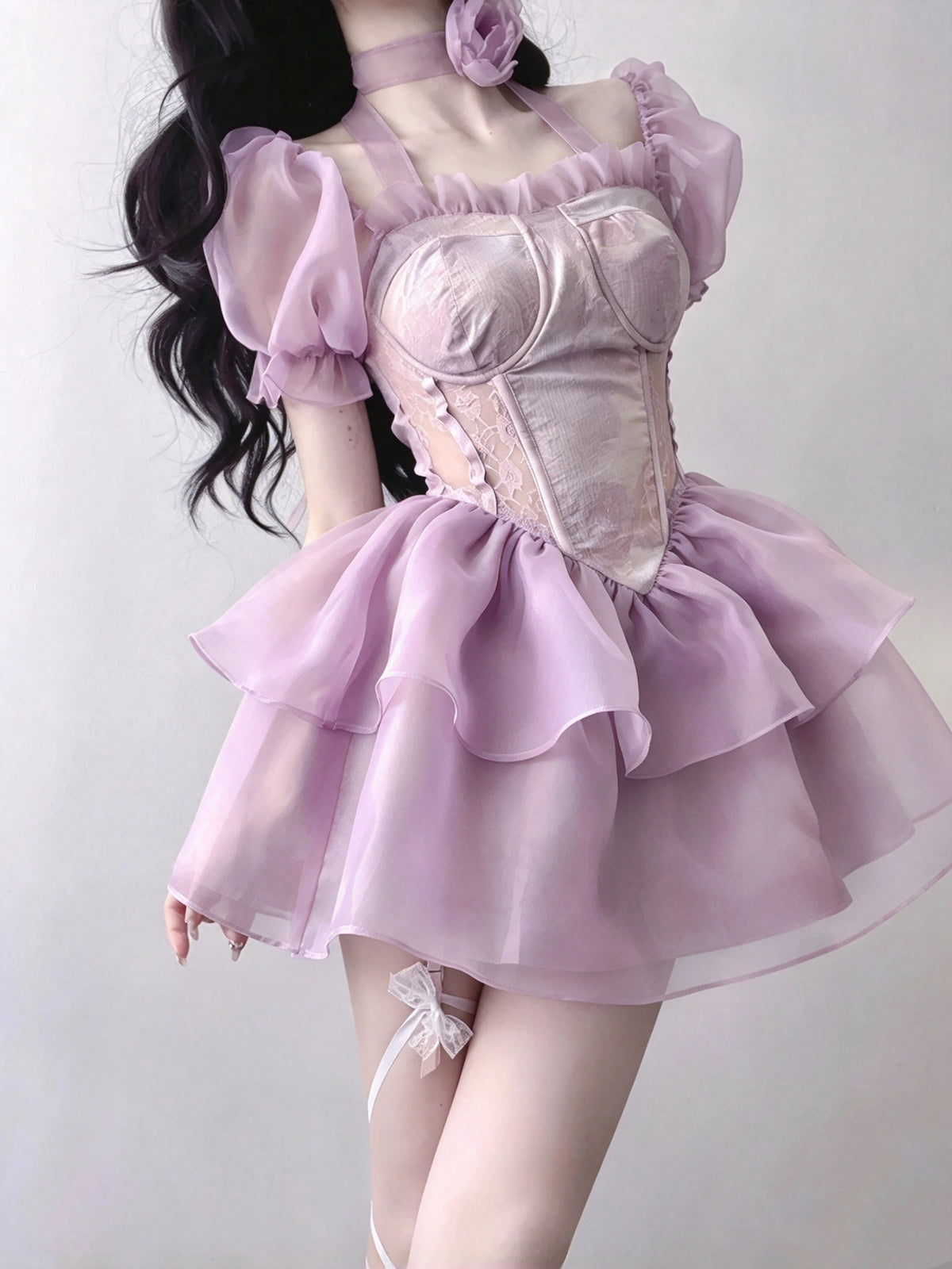Charming Lavender Square Neck ShortbPuff Sleeve Lace Corset A Line Short Homecoming Dress AS2980