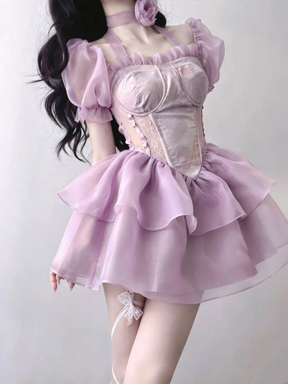Charming Lavender Square Neck ShortbPuff Sleeve Lace Corset A Line Short Homecoming Dress AS2980