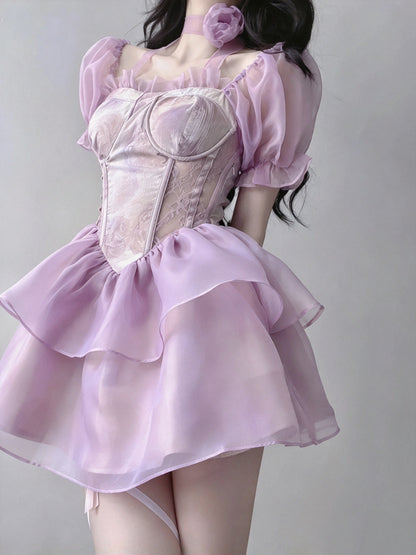 Charming Lavender Square Neck ShortbPuff Sleeve Lace Corset A Line Short Homecoming Dress AS2980