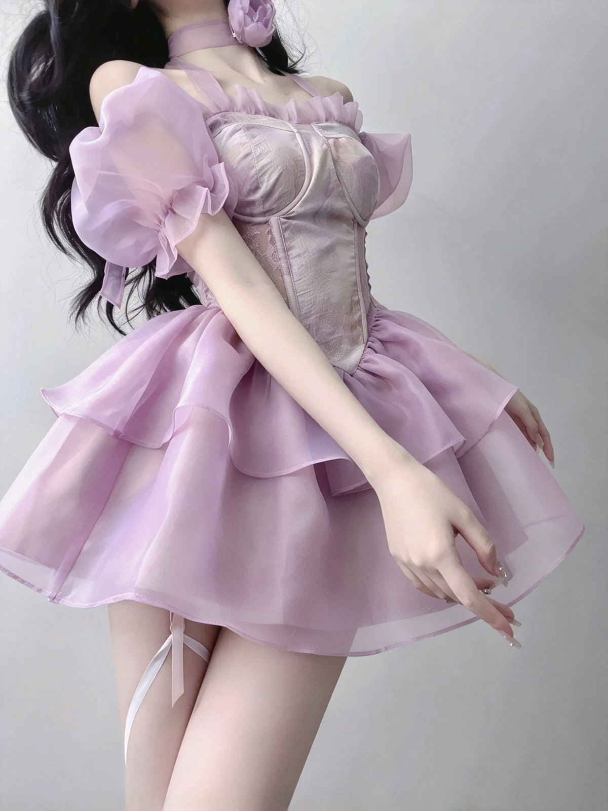 Charming Lavender Square Neck ShortbPuff Sleeve Lace Corset A Line Short Homecoming Dress AS2980