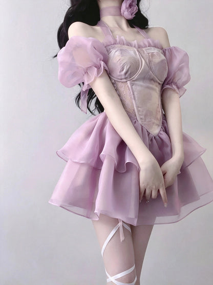 Charming Lavender Square Neck ShortbPuff Sleeve Lace Corset A Line Short Homecoming Dress AS2980
