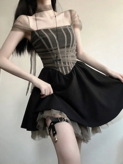 Mysterious Black Square Neck Mesh Ruched A Line Short Homecoming Dress AS2981