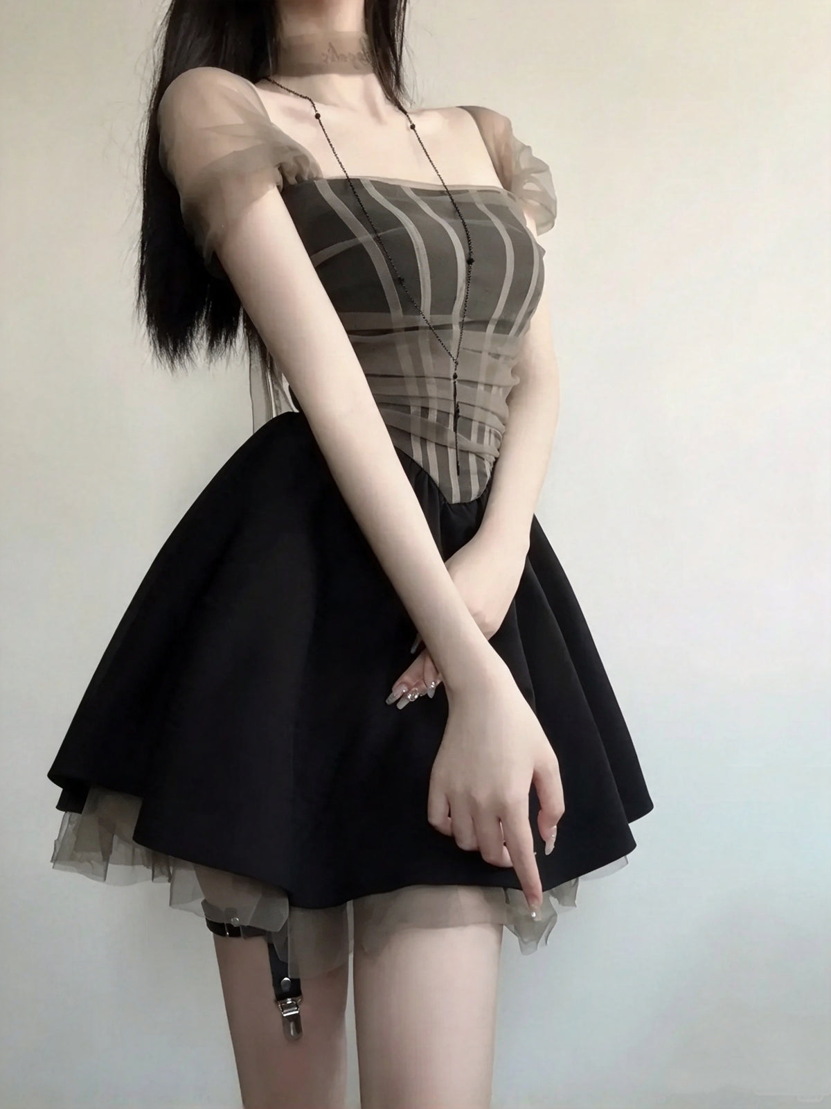 Mysterious Black Square Neck Mesh Ruched A Line Short Homecoming Dress AS2981