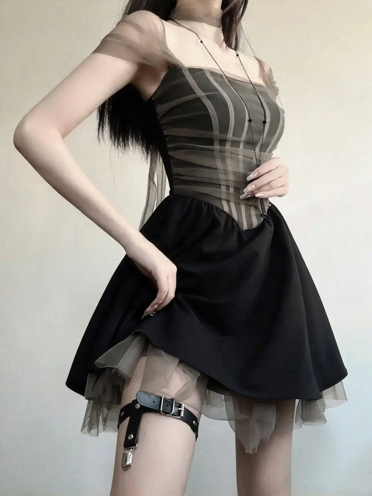 Mysterious Black Square Neck Mesh Ruched A Line Short Homecoming Dress AS2981