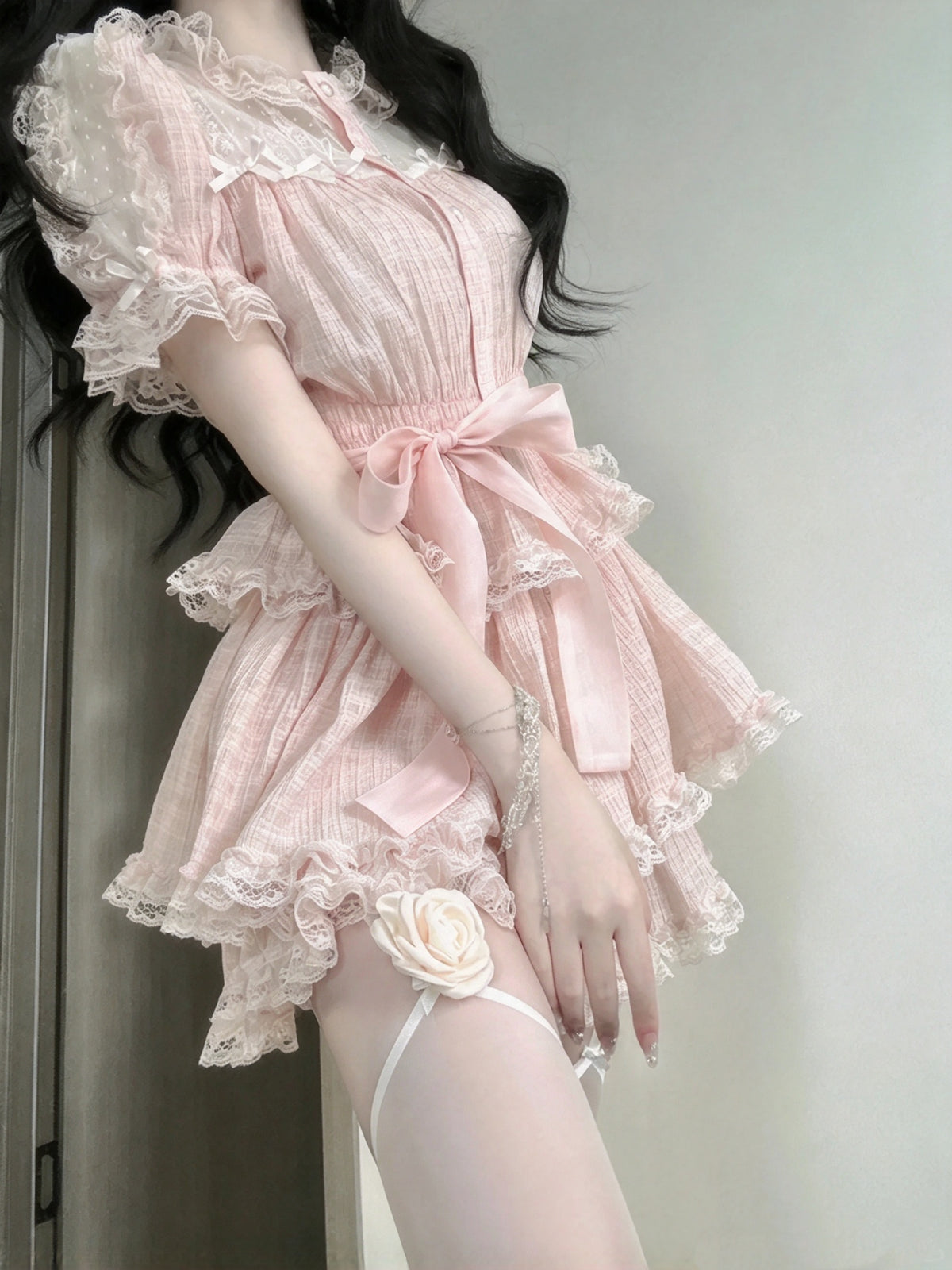 Sweet Pink Puff Short Sleeve Ruffled Neck Bow A Line Short Homecoming Dress AS2982