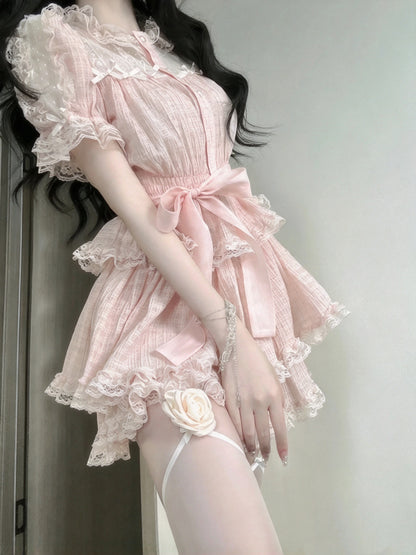 Sweet Pink Puff Short Sleeve Ruffled Neck Bow A Line Short Homecoming Dress AS2982
