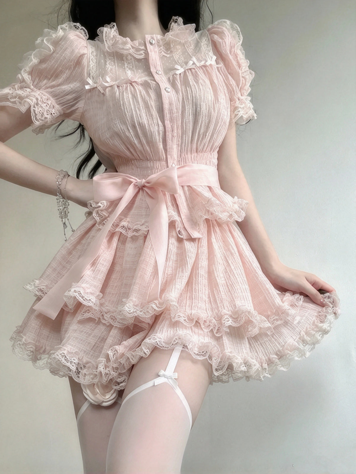 Sweet Pink Puff Short Sleeve Ruffled Neck Bow A Line Short Homecoming Dress AS2982