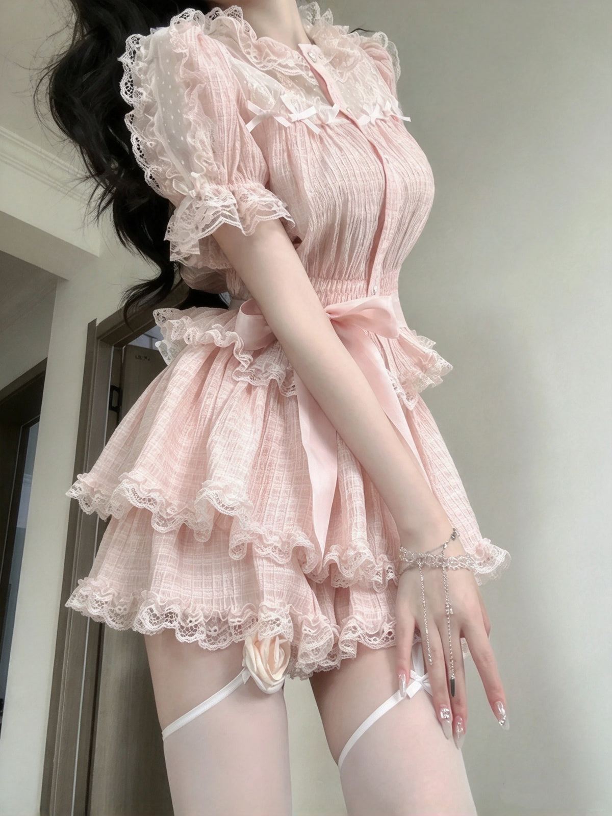 Sweet Pink Puff Short Sleeve Ruffled Neck Bow A Line Short Homecoming Dress AS2982