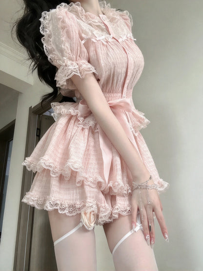 Sweet Pink Puff Short Sleeve Ruffled Neck Bow A Line Short Homecoming Dress AS2982