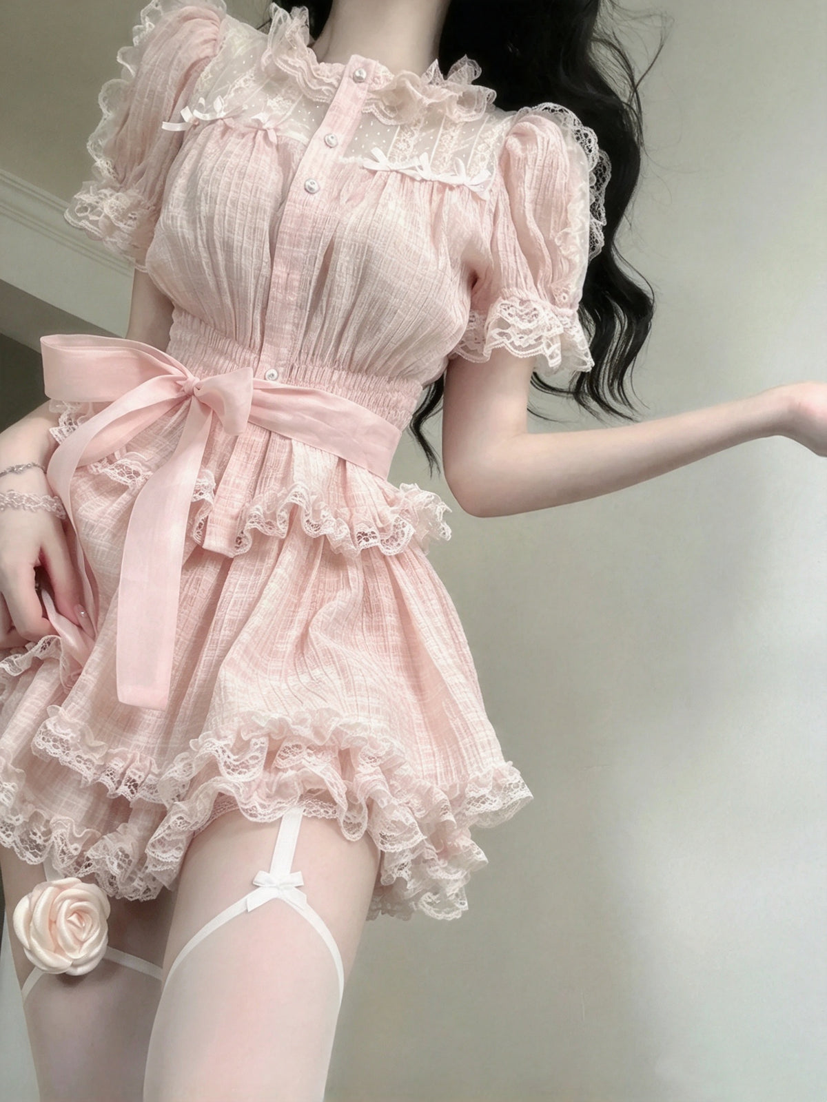 Sweet Pink Puff Short Sleeve Ruffled Neck Bow A Line Short Homecoming Dress AS2982