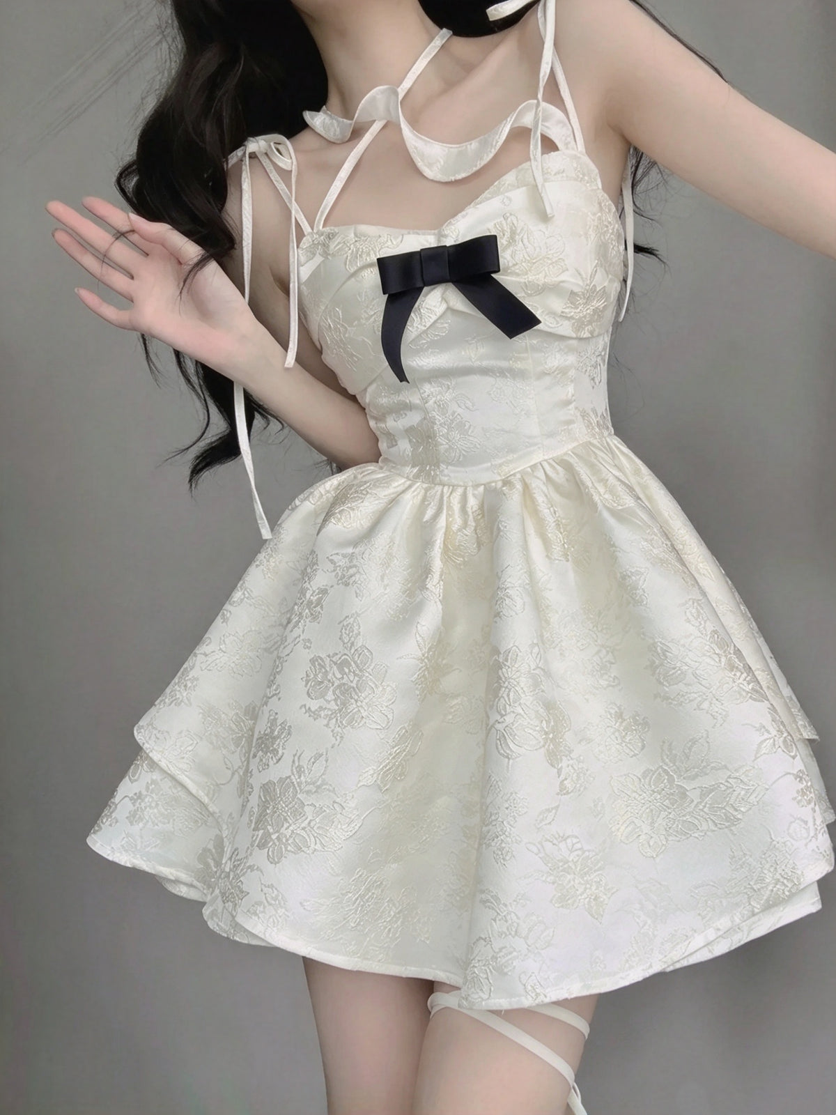 Chic White Jacquard Spaghetti Strap Black Bow Sweetheart A Line Short Homecoming Dress AS2983