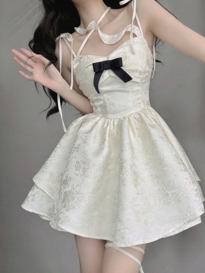Chic White Jacquard Spaghetti Strap Black Bow Sweetheart A Line Short Homecoming Dress AS2983