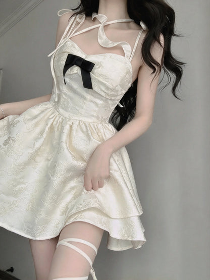 Chic White Jacquard Spaghetti Strap Black Bow Sweetheart A Line Short Homecoming Dress AS2983