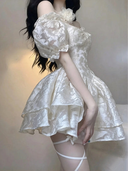 Gorgeous White Jacquard Short Puff Sleeve Sweetheart Corset A Line Short Homecoming Dress AS2984