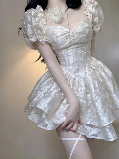 Gorgeous White Jacquard Short Puff Sleeve Sweetheart Corset A Line Short Homecoming Dress AS2984