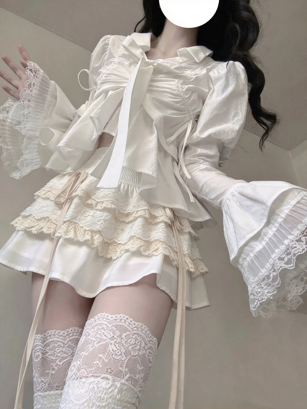 Elegant White Puff Flare Sleeve Bow Blouse With Tiered Lace Ruffle Mini Skirt Set A Line Homecoming Dress AS2988