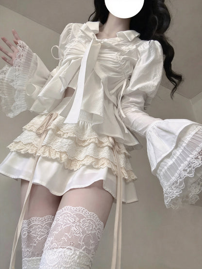 Elegant White Puff Flare Sleeve Bow Blouse With Tiered Lace Ruffle Mini Skirt Set A Line Homecoming Dress AS2988