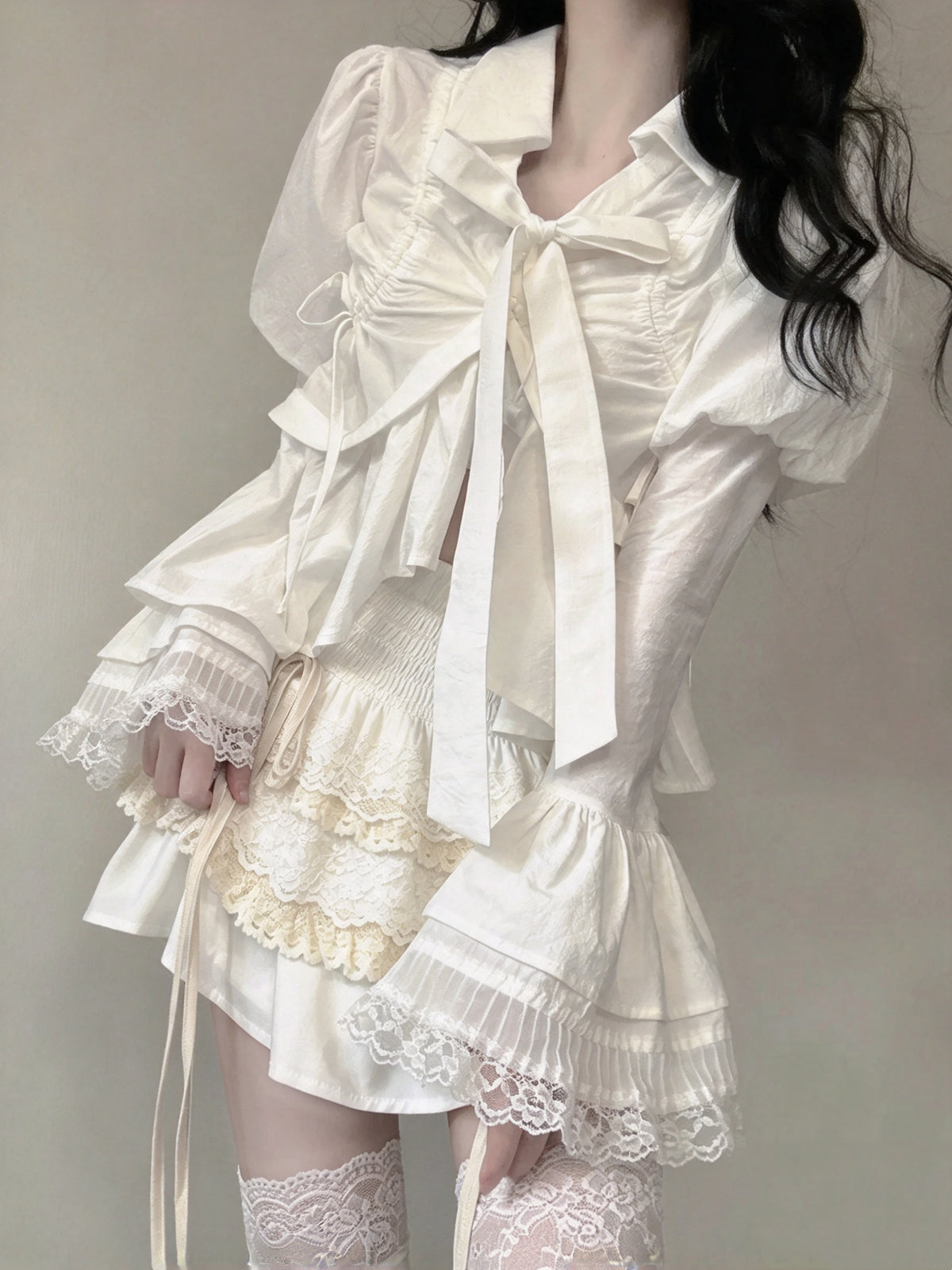 Elegant White Puff Flare Sleeve Bow Blouse With Tiered Lace Ruffle Mini Skirt Set A Line Homecoming Dress AS2988
