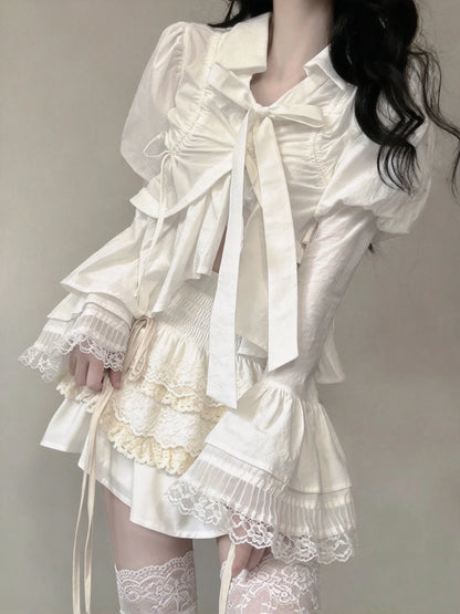 Elegant White Puff Flare Sleeve Bow Blouse With Tiered Lace Ruffle Mini Skirt Set A Line Homecoming Dress AS2988