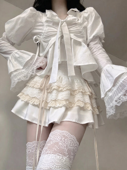 Elegant White Puff Flare Sleeve Bow Blouse With Tiered Lace Ruffle Mini Skirt Set A Line Homecoming Dress AS2988