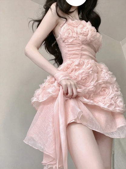 Romantic Pink 3D Floral Spaghetti Strap Ruched Asymmetrical A Line Short Homecoming Dress AS2989